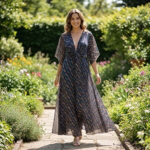 Issa London Sz 4 Bohemian Metallic Colorful V Neck Silk Flowy Maxi Dress